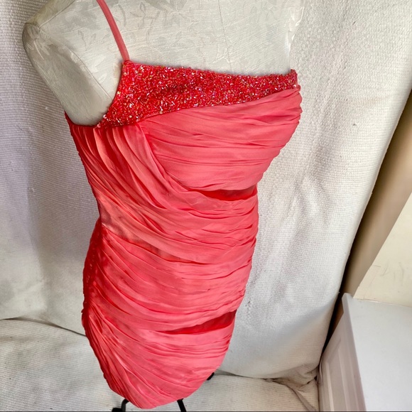 Theia 4/6 Silk Short Gathered Party Dress Coral - Picture 2 of 8